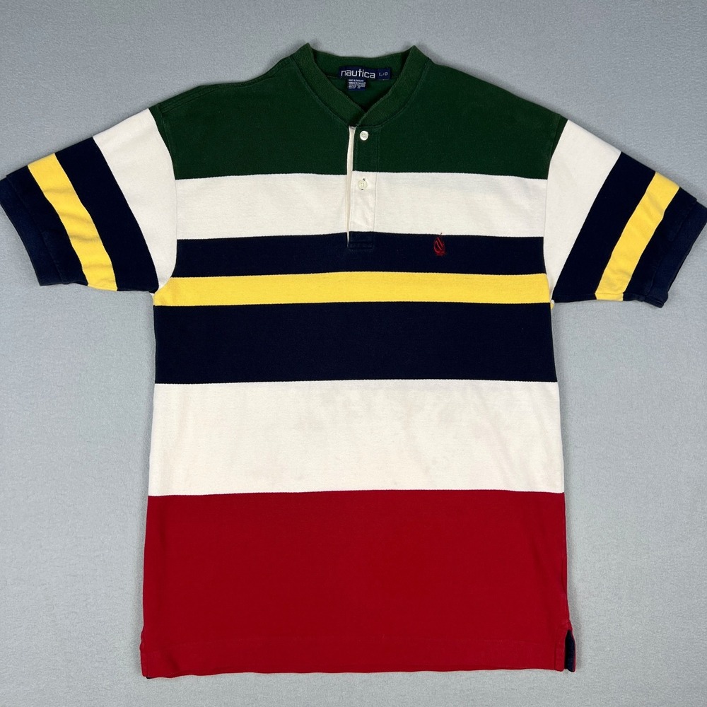 VTG 90s Nautica Henley Shirt Fits M Colorblock Striped Y2K Streetwear Preppy‎